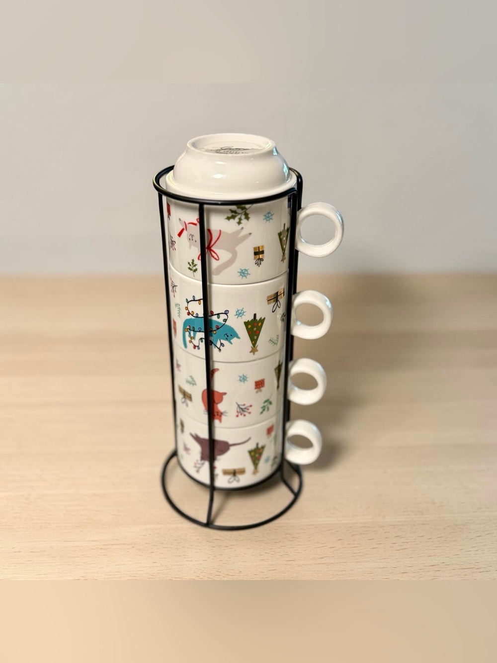 Pier 1 Imports (Grace) Christmas Cats Stacking Mugs Set of 4 with Metal Rack
